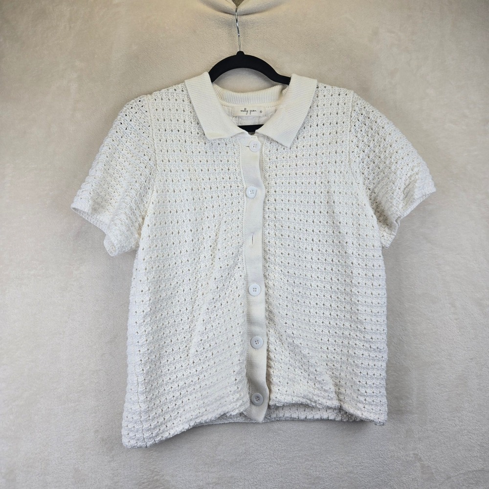 Molly Green Ivory Crochet Knit Button Front Collared Short Sleeve Cardigan XL‎